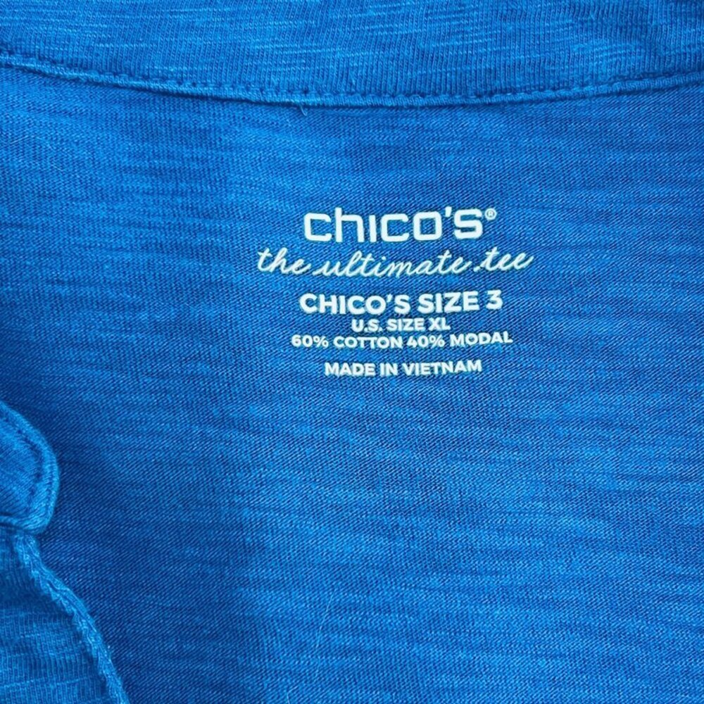 Chico's Tunic Top Women's XL Caribbean Blue Notch Neck Cotton Modal 3/4 Sleeve - Picture 6 of 9